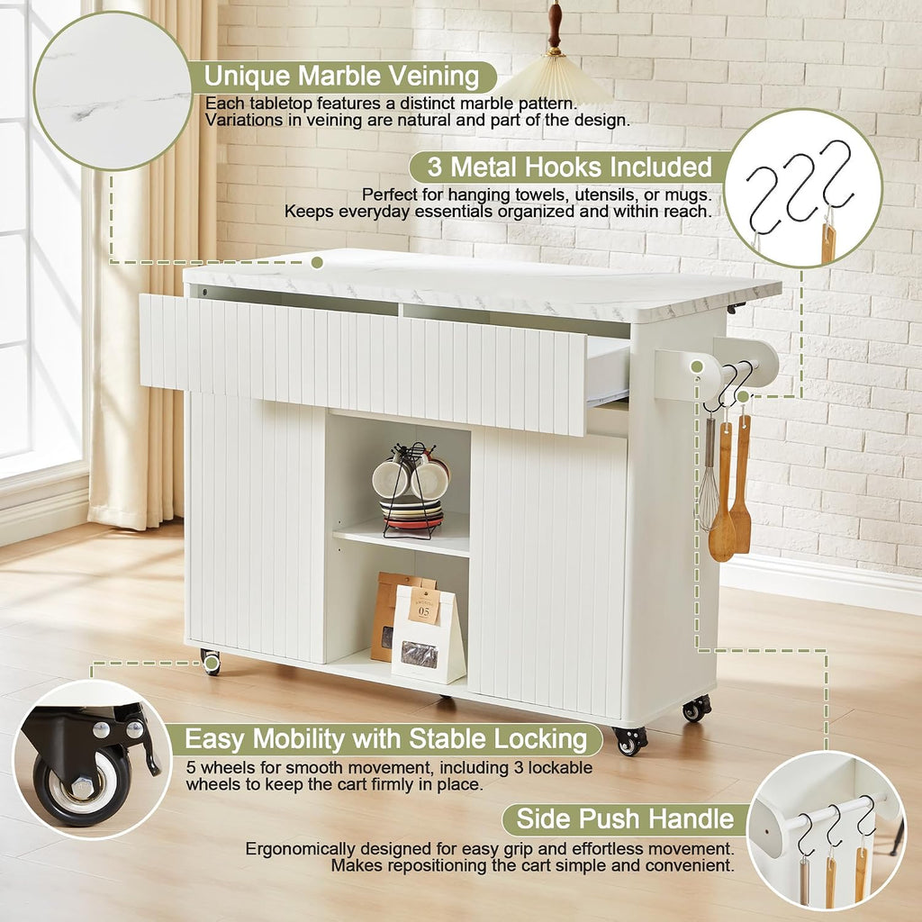 47" White Faux‑Marble Rolling Kitchen Island
