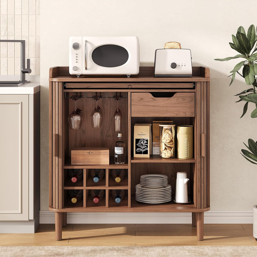 Walnut Fluted Wine Storage Bar Cabinet