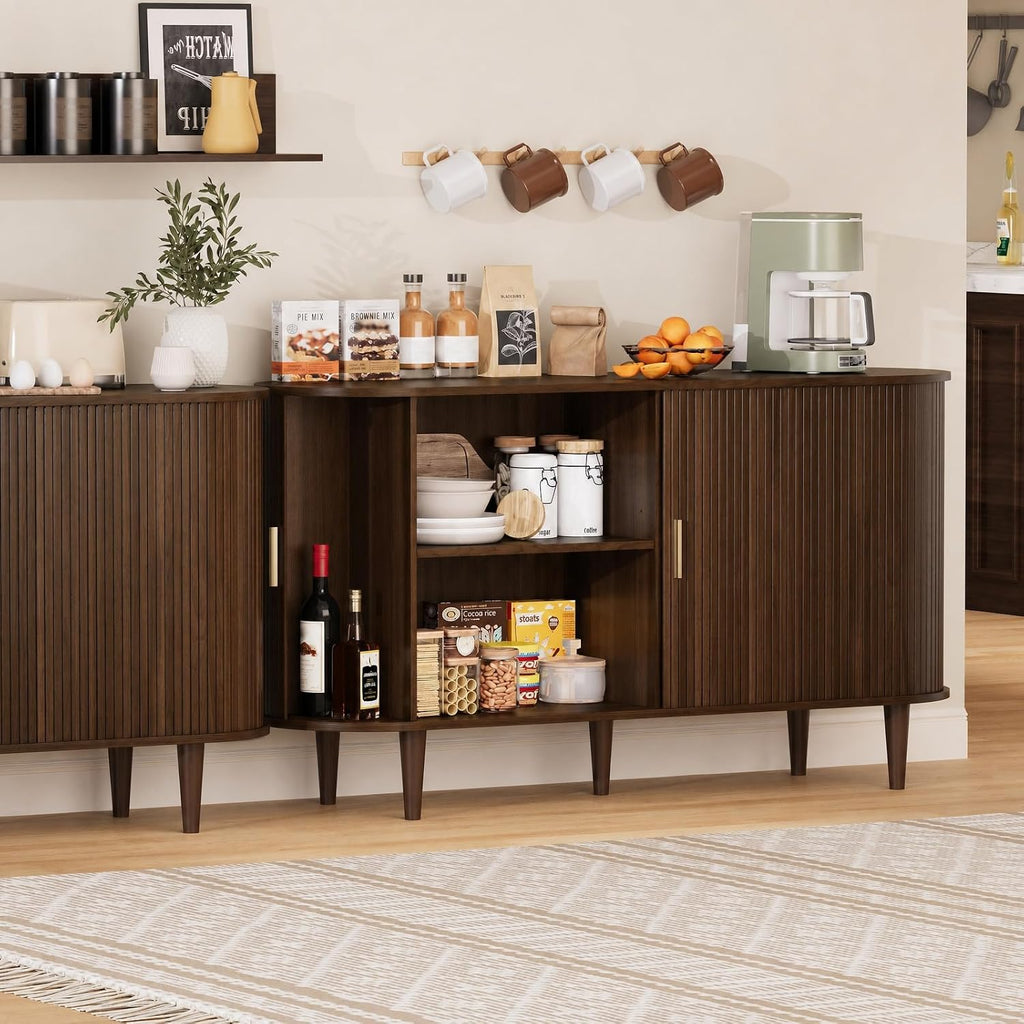 55" Walnut Fluted Tambour‑Door Sideboard Cabinet