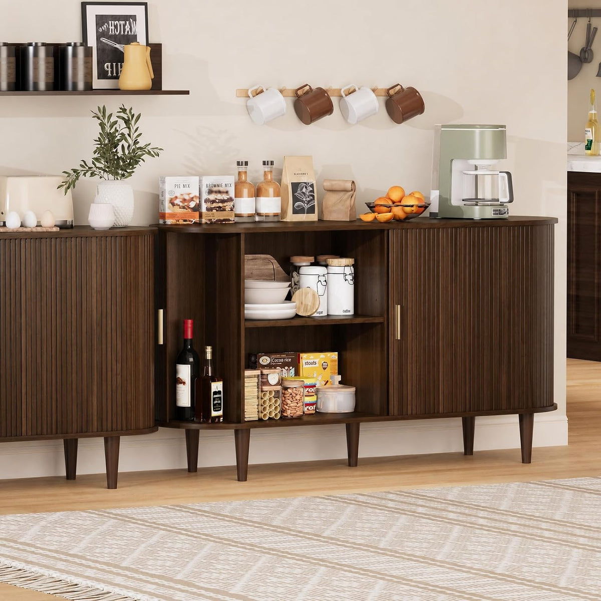 55" Walnut Fluted Tambour‑Door Sideboard Cabinet