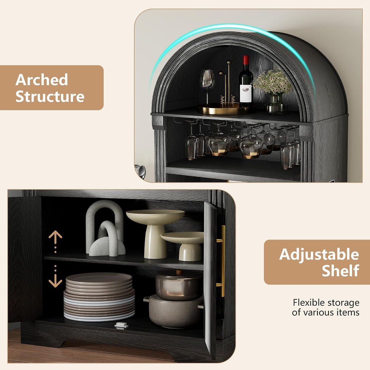 71" Black Arched Wine Bar Cabinet