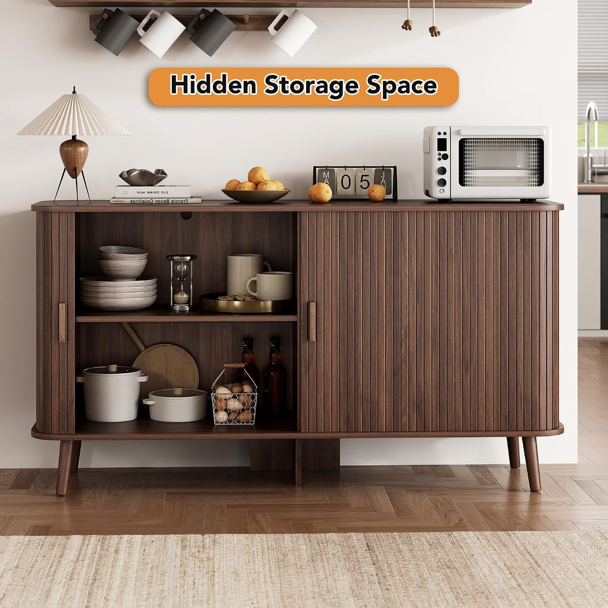 55‑Inch Walnut Fluted Sliding‑Door Sideboard Cabinet