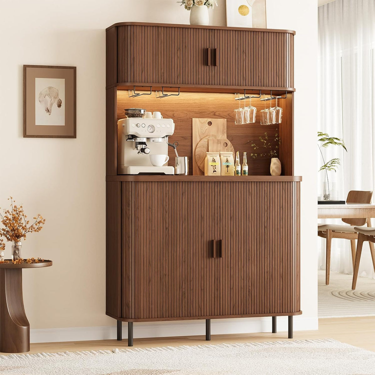71" Walnut Fluted Wine Bar Cabinet