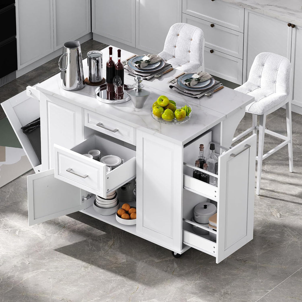 50.7" White Rolling Faux‑Marble Kitchen Island Cart