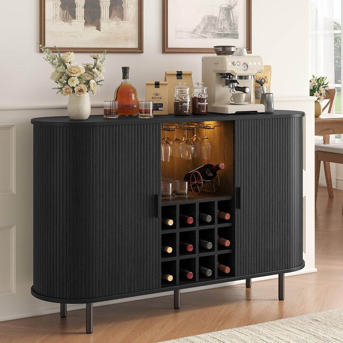 55‑Inch Black LED Fluted Wine Bar Cabinet