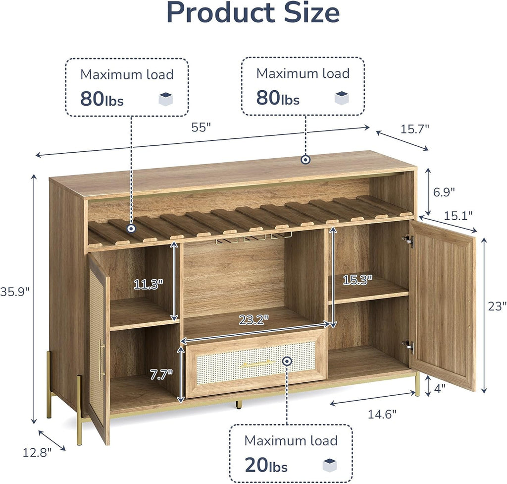55" Camel Rattan Coffee Bar Cabinet