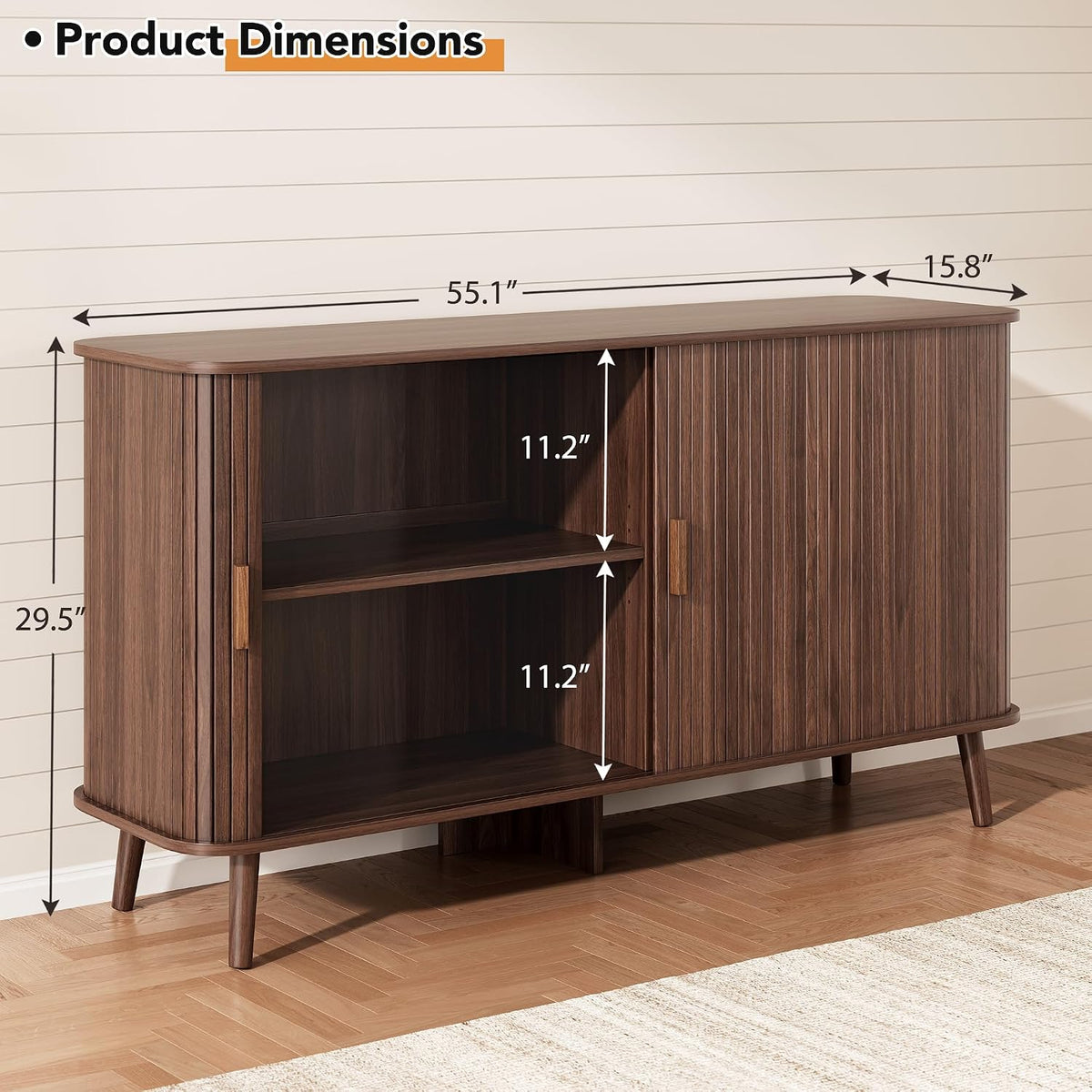 55‑Inch Walnut Fluted Sliding‑Door Sideboard Cabinet