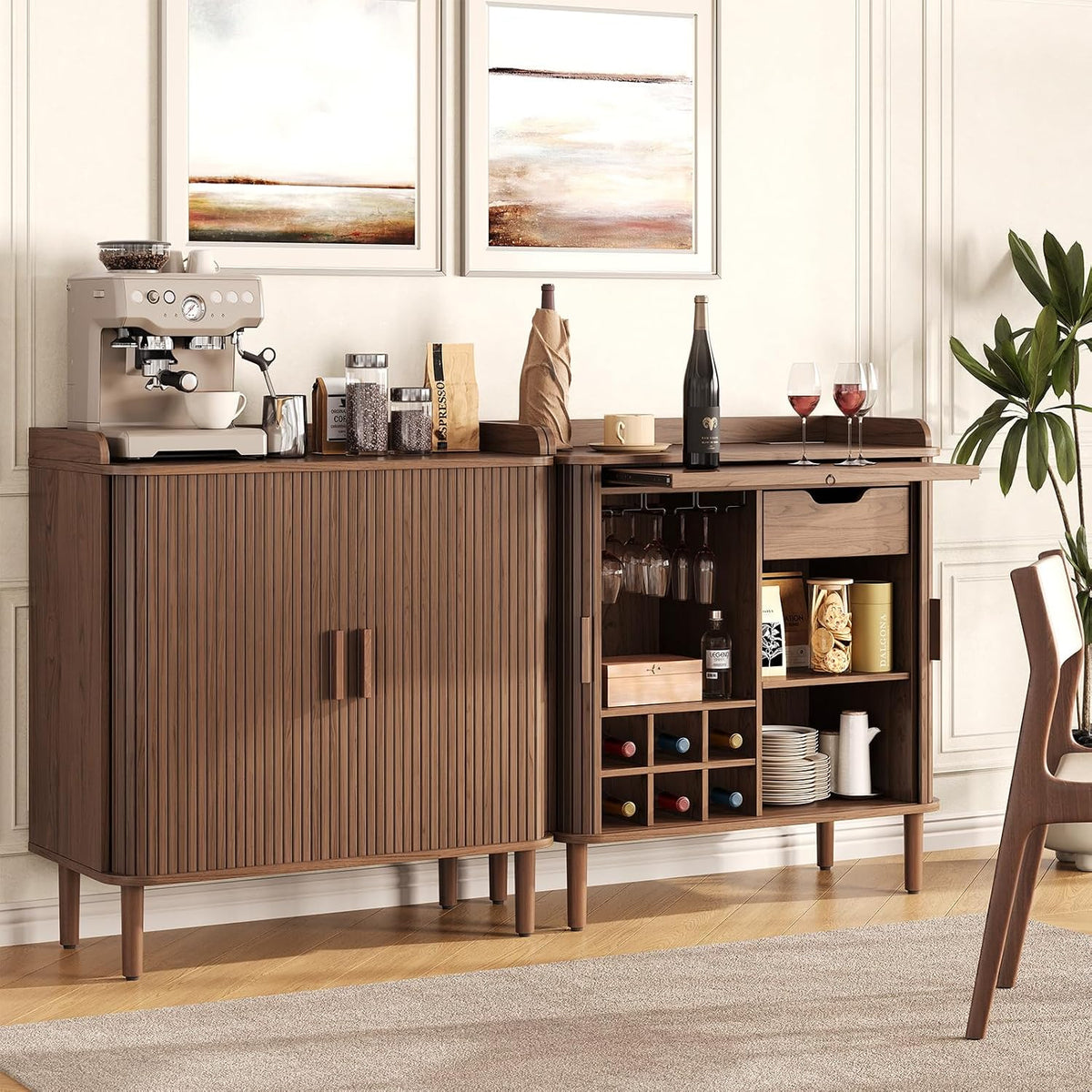 Walnut Fluted Wine Storage Bar Cabinet
