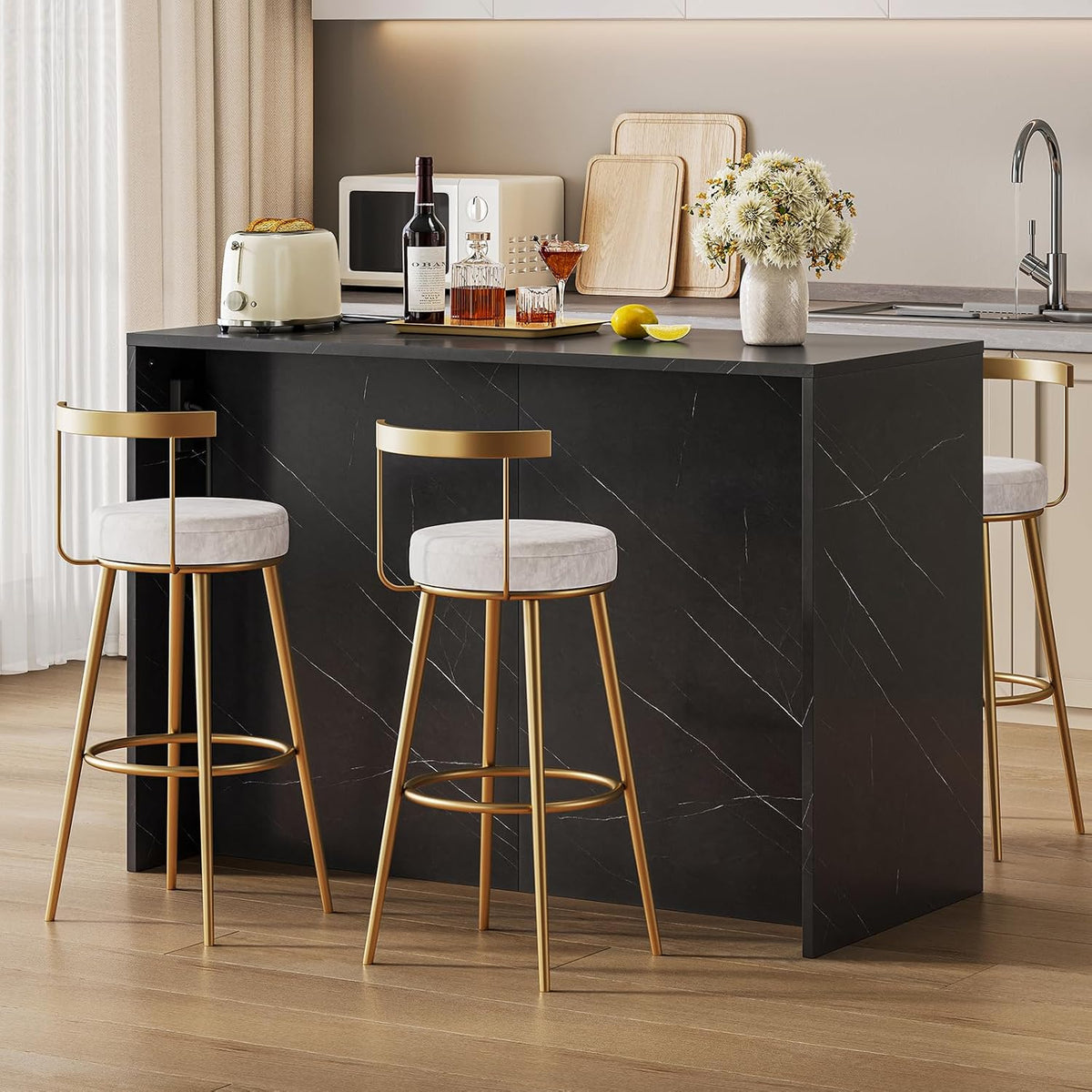 White‑Black Kitchen Island With Cabinets & Drawers
