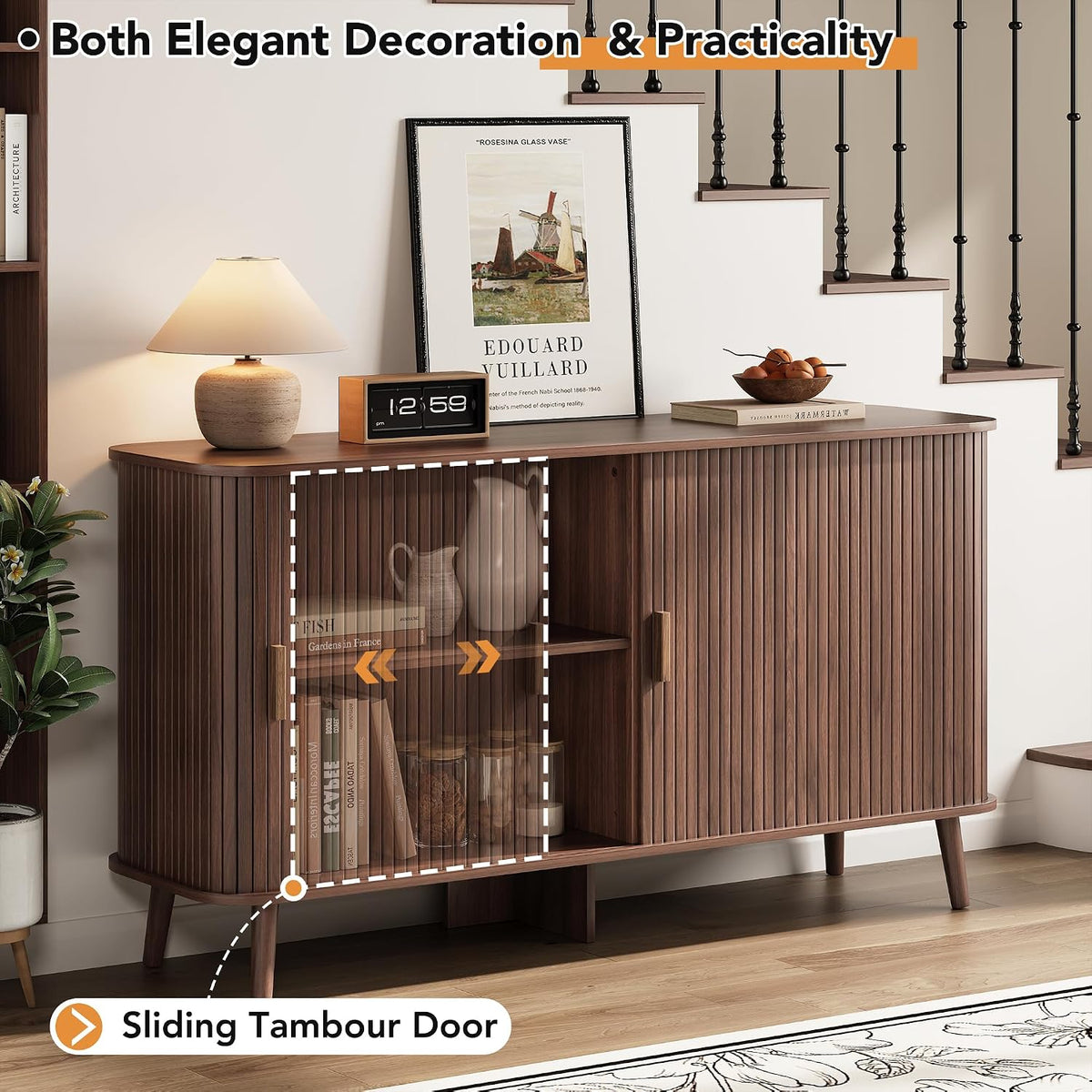 55‑Inch Walnut Fluted Sliding‑Door Sideboard Cabinet