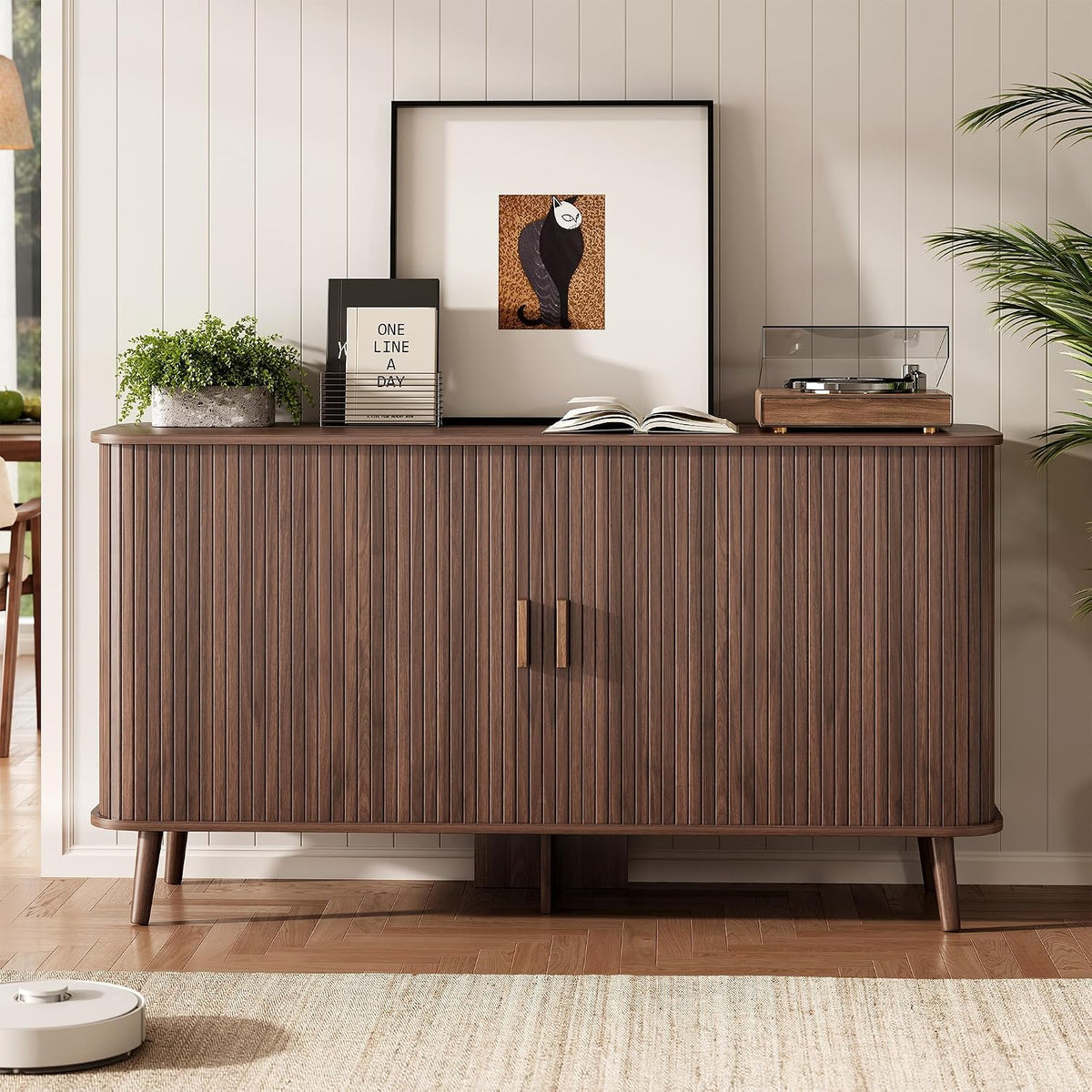 55‑Inch Walnut Fluted Sliding‑Door Sideboard Cabinet