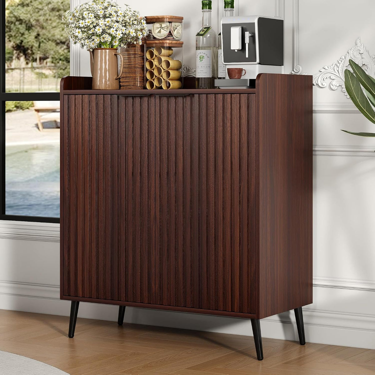 Walnut Fluted Wine Bar Cabinet with Storage