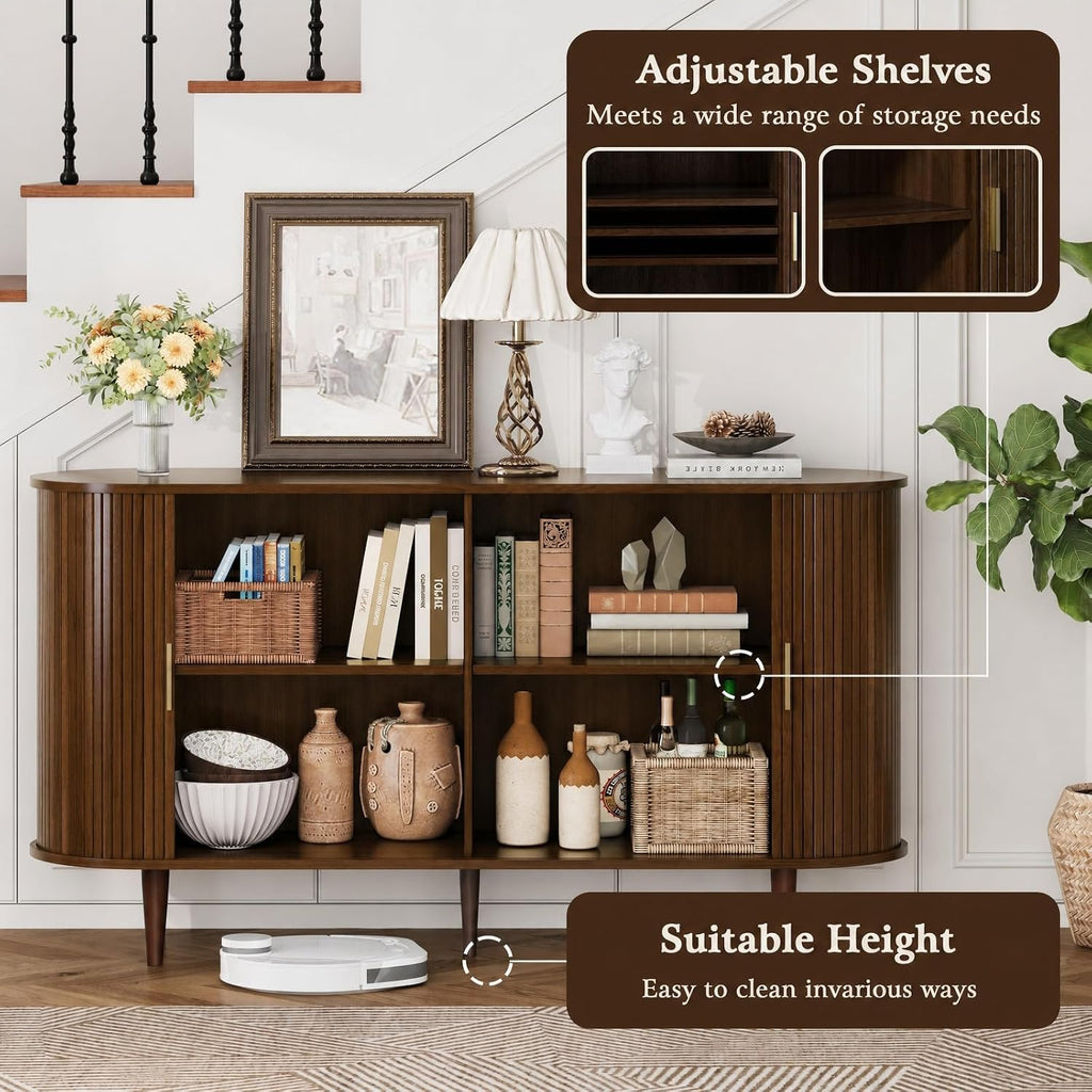 55" Walnut Fluted Tambour‑Door Sideboard Cabinet