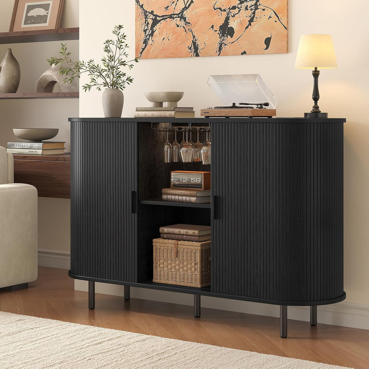55‑Inch Black LED Fluted Wine Bar Cabinet