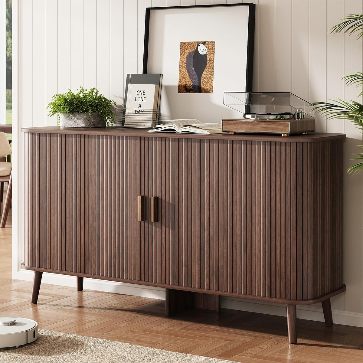 55‑Inch Walnut Fluted Sliding‑Door Sideboard Cabinet
