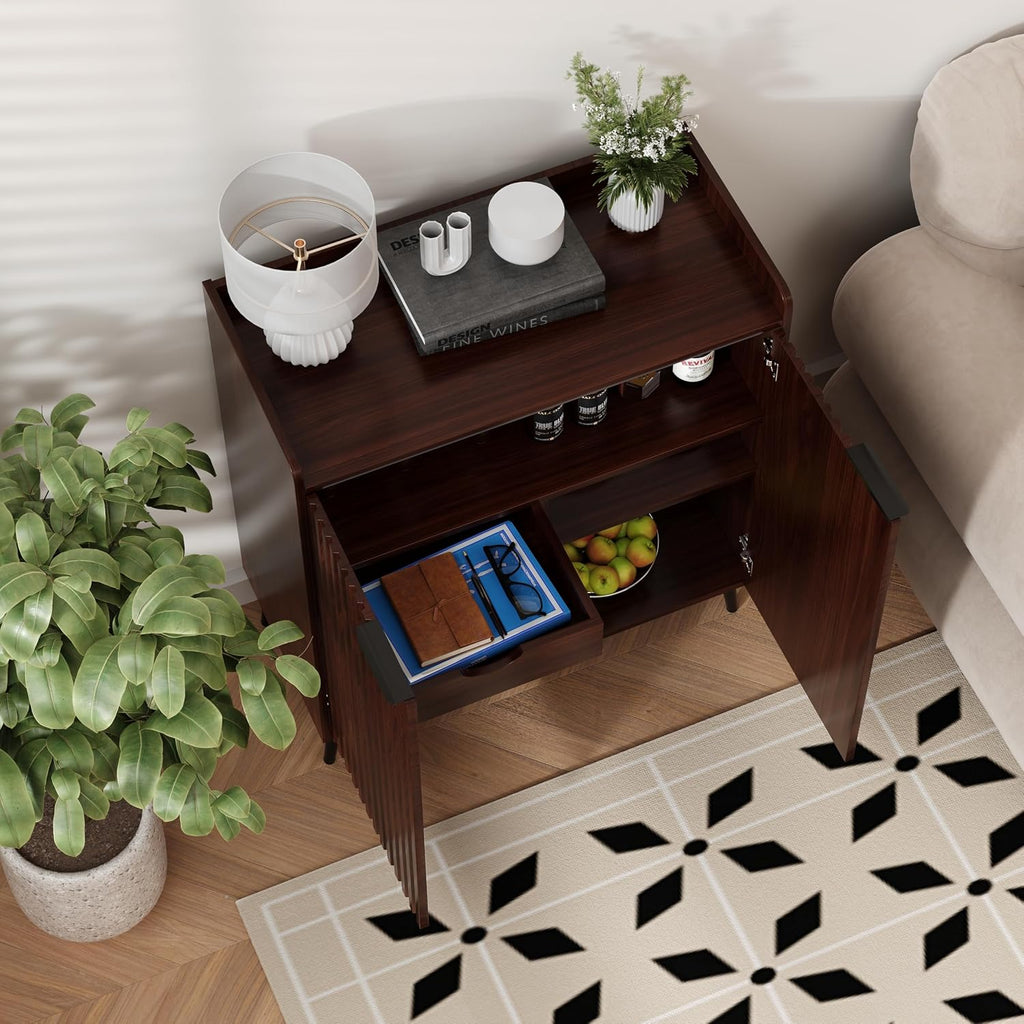 Walnut Fluted Wine Bar Cabinet with Storage