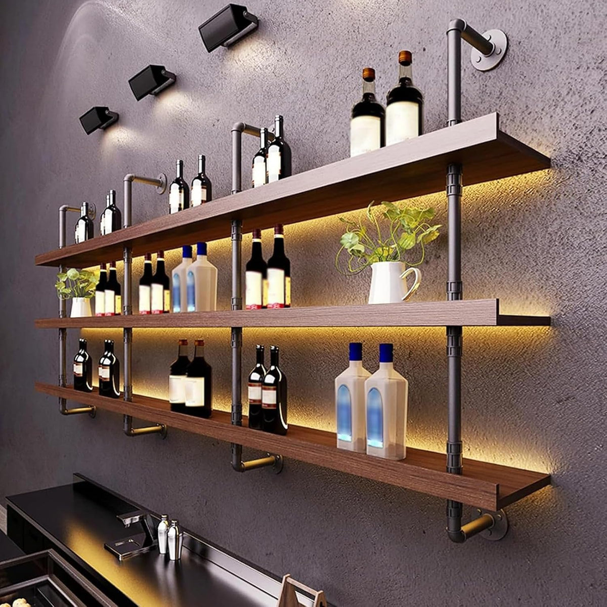 47.2" Solid‑Wood LED Wall‑Mounted Wine Rack