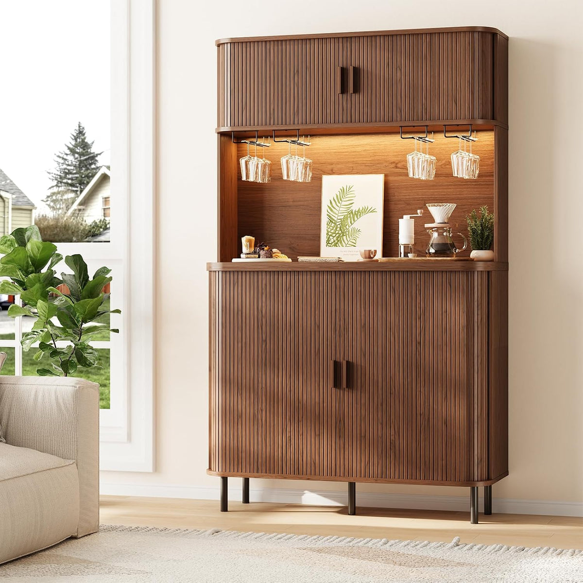 71" Walnut Fluted Wine Bar Cabinet