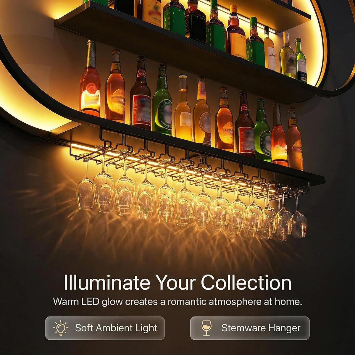 59" Black LED Wall‑Mounted Wine Rack