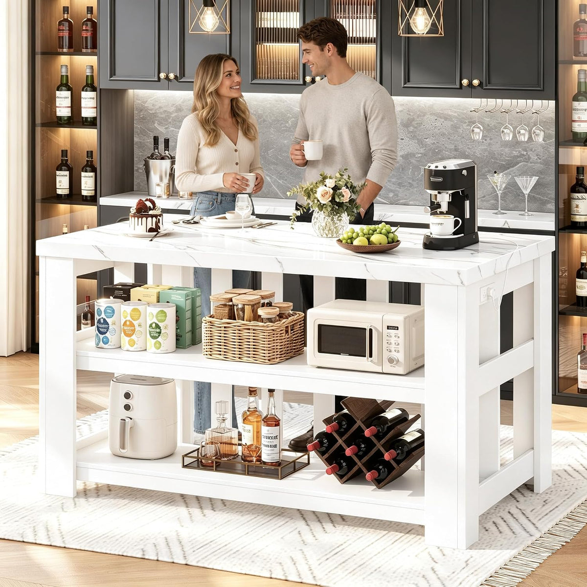 55" Large Faux‑Marble Kitchen Island
