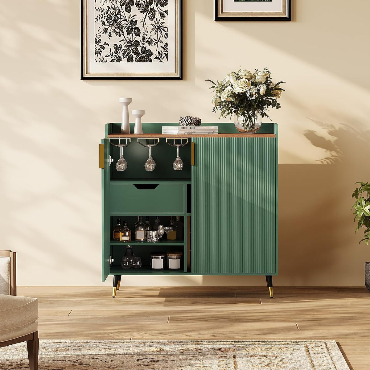 32‑Inch Green Fluted Wine Bar Cabinet