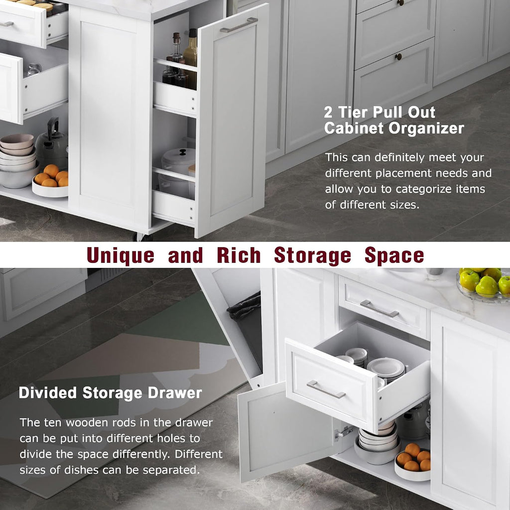 50.7" White Rolling Faux‑Marble Kitchen Island Cart