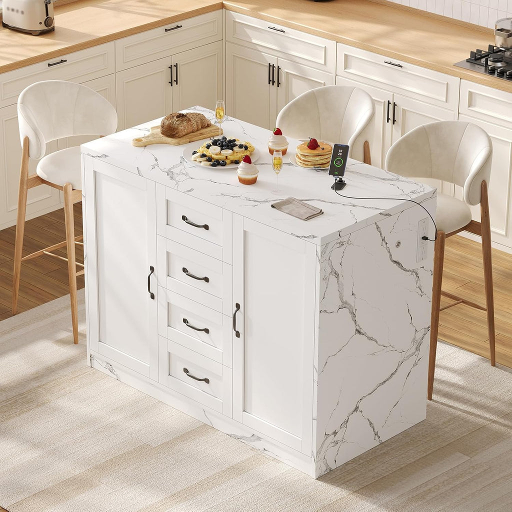 47.2" White LED Charging Faux‑Marble Kitchen Island