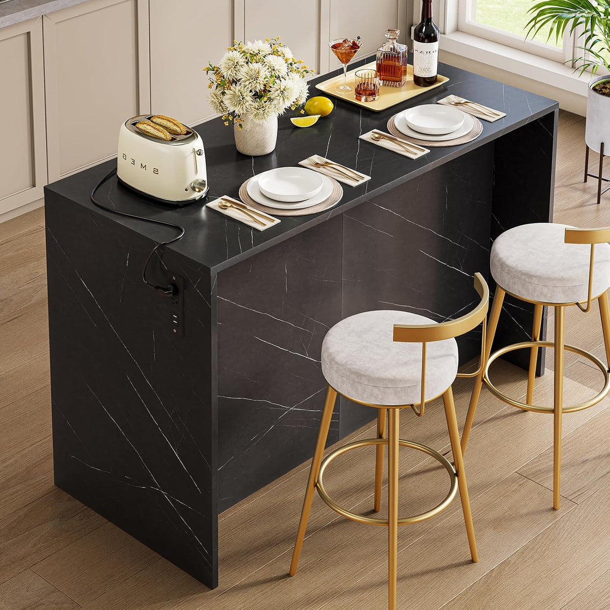White‑Black Kitchen Island With Cabinets & Drawers