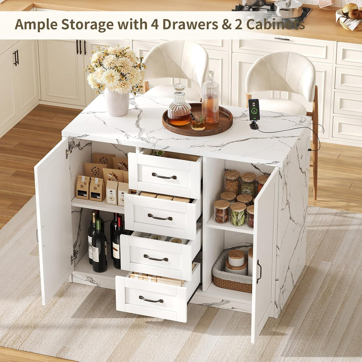 47.2" White LED Charging Faux‑Marble Kitchen Island