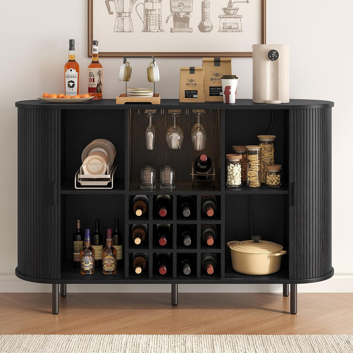 55‑Inch Black LED Fluted Wine Bar Cabinet