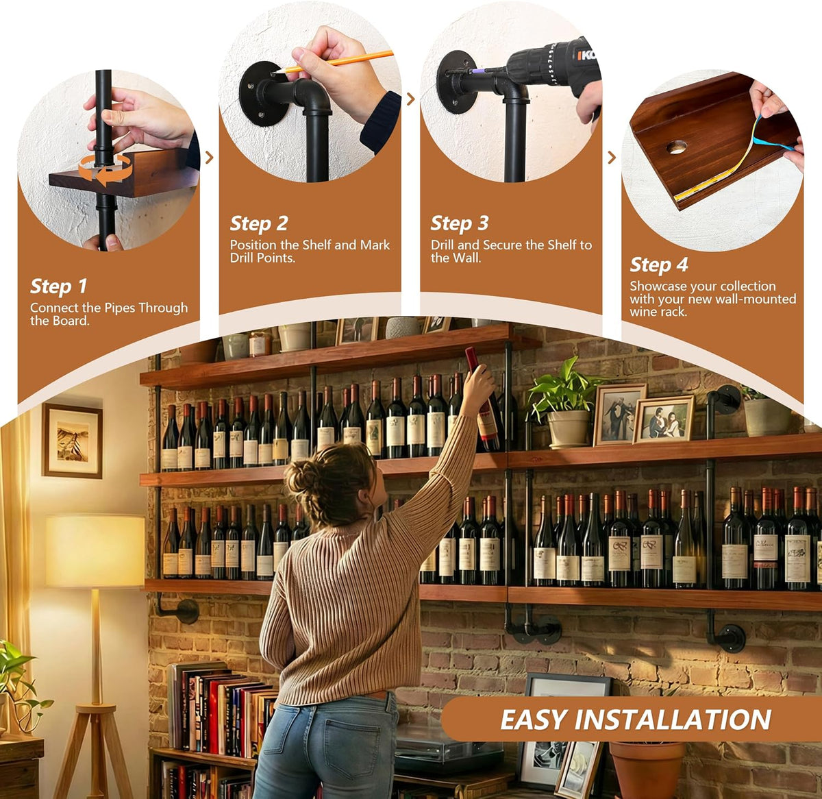 48" Walnut‑Brown Wall‑Mounted Bar Wine Rack