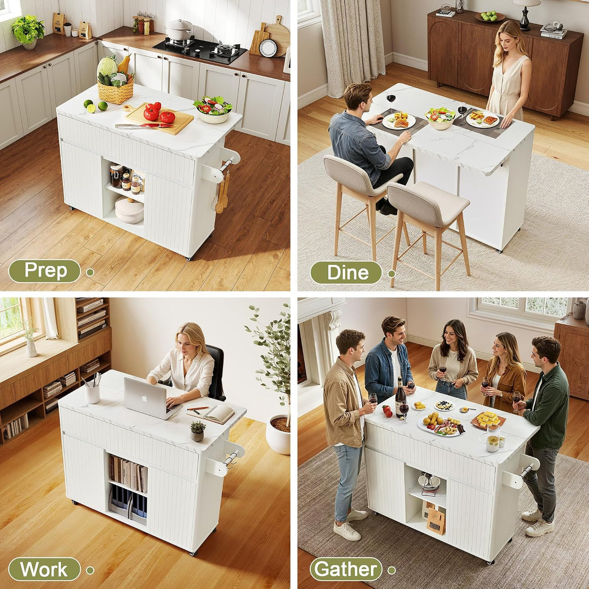 47" White Faux‑Marble Rolling Kitchen Island
