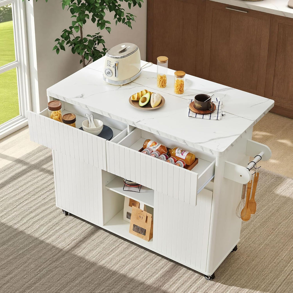 47" White Faux‑Marble Rolling Kitchen Island