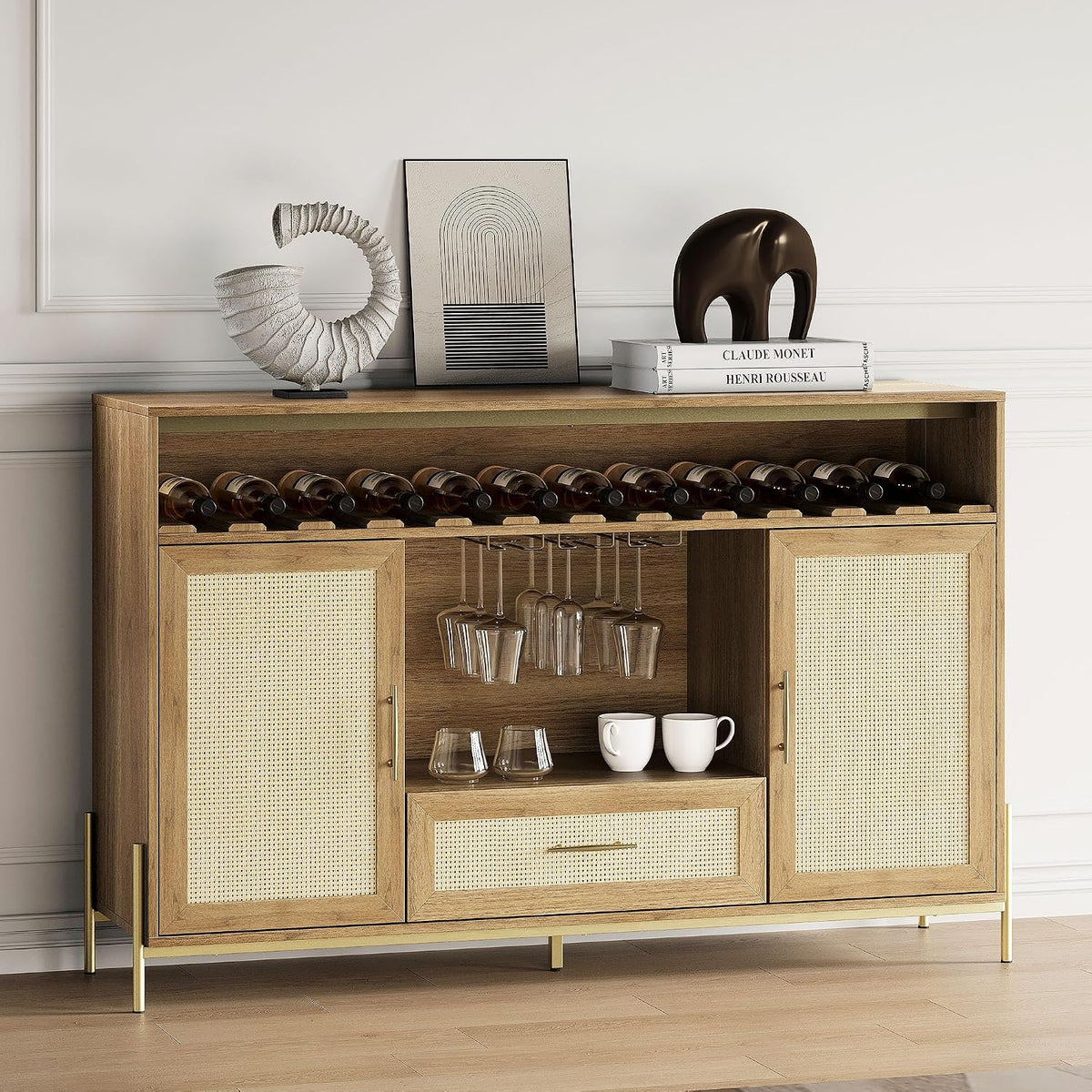 55" Camel Rattan Coffee Bar Cabinet